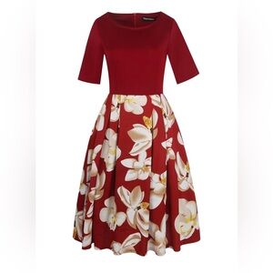 OXIULY Patchwork Pockets Puffy Swing Party Dress - Large - Burgundy - NWT